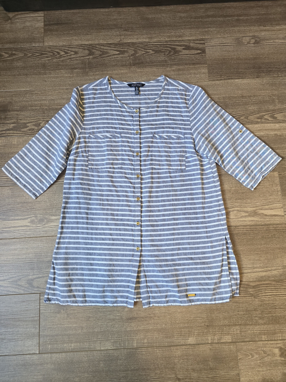 Ellen Tracy Top Women L Blue Tunic Linen Blend Roll Tab Sleeve Coastal Preppy